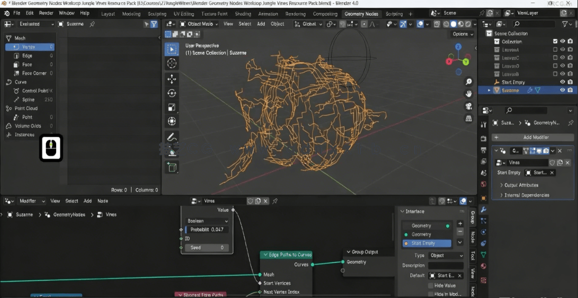 Blender 4几何节点藤蔓植物实例制作视频教程(图4) Blender 4几何节点藤蔓植物实例制作视频教程(图4)