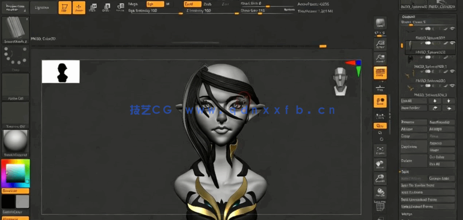 ZBrush长发女性半身像雕刻实例制作流程视频教程(图4) ZBrush长发女性半身像雕刻实例制作流程视频教程(图4)