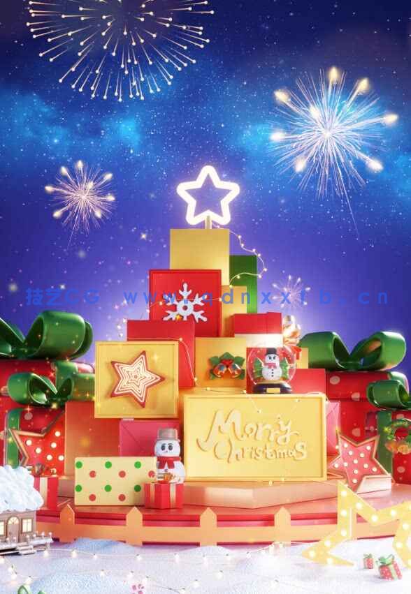 C4D圣诞节夜晚礼盒电商海报展台OC渲染3D立体场景(图1) C4D圣诞节夜晚礼盒电商海报展台OC渲染3D立体场景(图1)