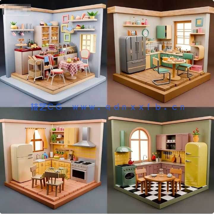 室内设计] 12组等轴视角迷你小房间室内场景3D模型合集(图2)