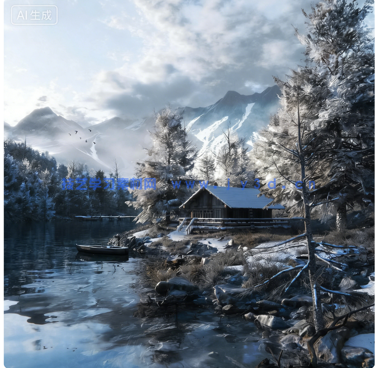 Blender冬日湖畔木屋3D户外自然景观场景模型(图1) Blender冬日湖畔木屋3D户外自然景观场景模型(图1)