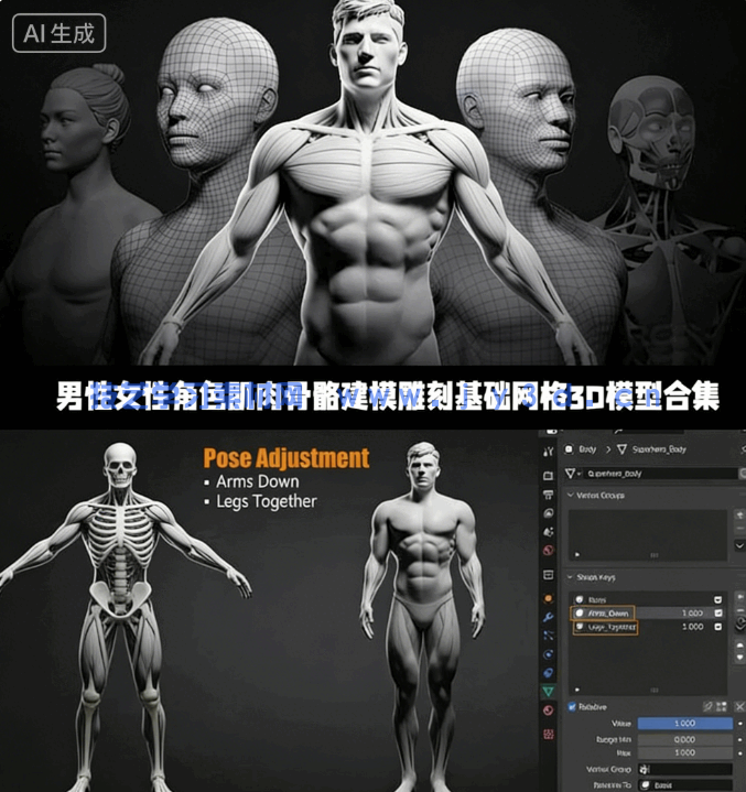 男性女性角色肌肉骨骼建模雕刻基础网格3D模型合集(图1)