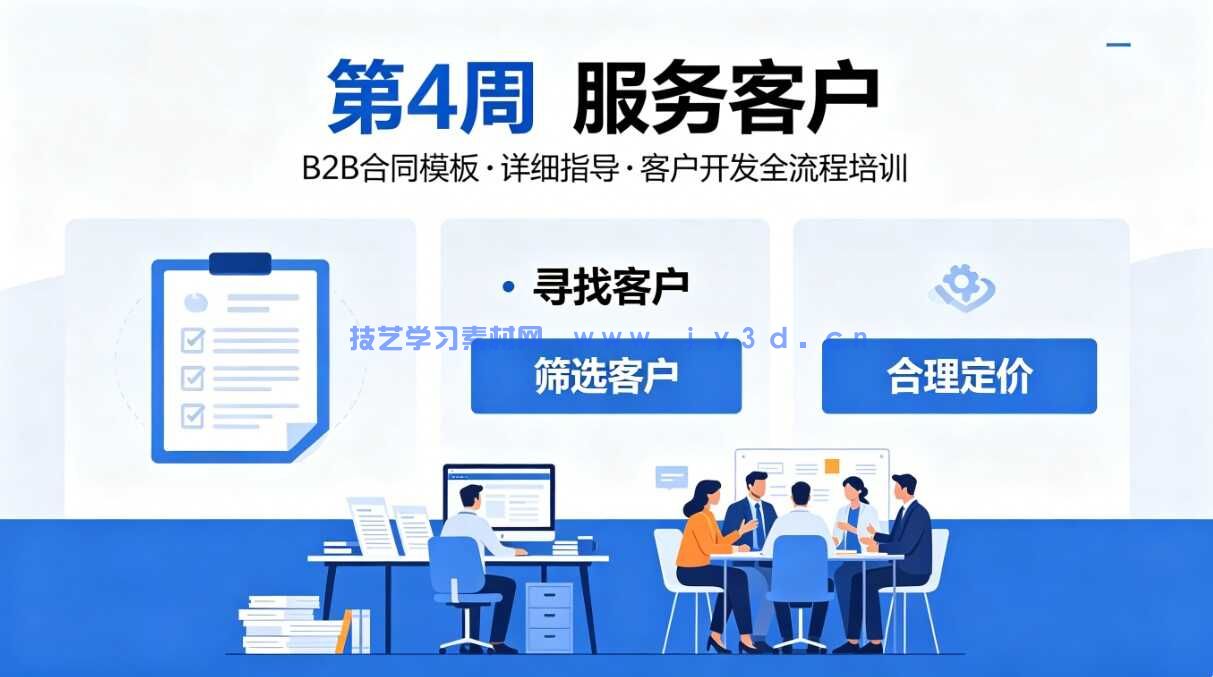 第4周 服务客户 提供B2B合同模板和详细指导。培训内容包括寻找客户、筛选客户、合理定价，并展示我们工作室的运作方式。